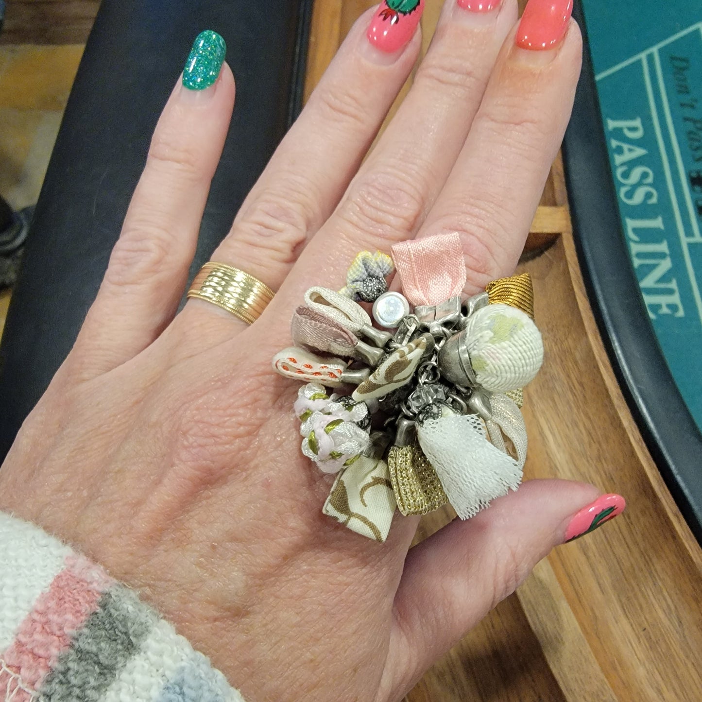 Silk Charm Ring - White, Pink Gold and Sage