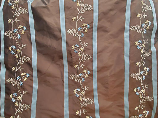 Blooming Collection - Velvet Embroidered Silk Taffeta - Chocolate and Blue