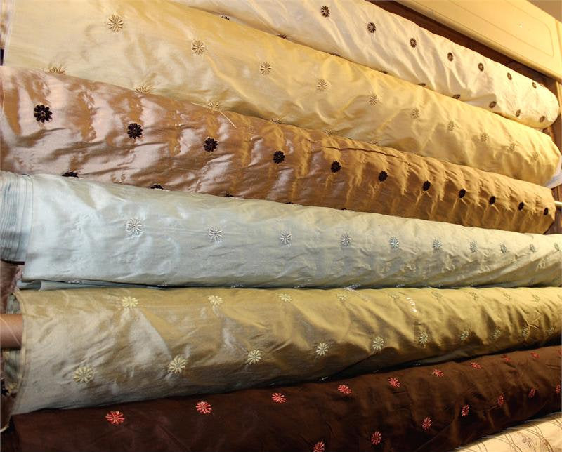 Blossom Collection - Velvet Embroidered Silk Dupioni - Champagne & Chocolate - 4 Yard Remnant