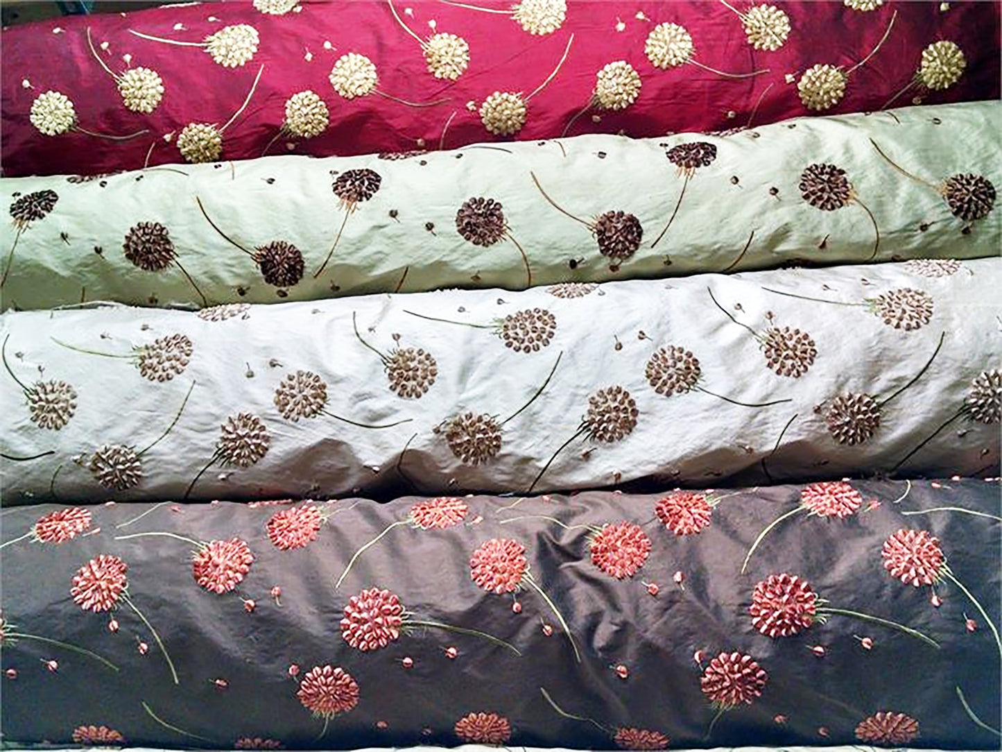 Dandelion Collection - Velvet Embroidered Silk Dupioni Garnet - 1 Yard Remnant