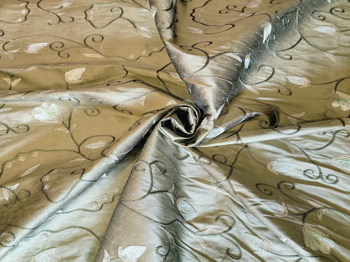 Fiore Collection - Embroidered Silk Dupioni - Golden Olive - 1 Yard Remnant