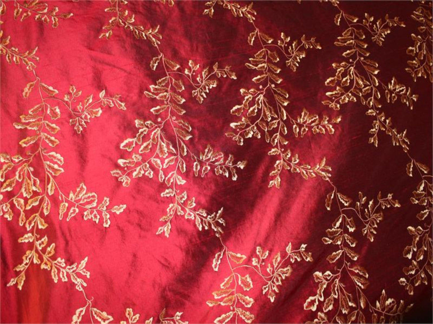 Swatch - Hollywood and Vine - Embroidered Silk Dupioni - Garnet