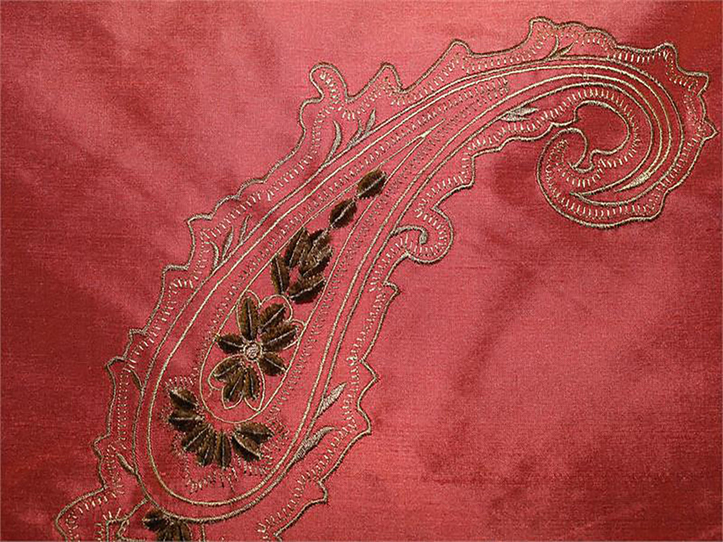 Swatch - Paisley Dynasty Collection - Velvet Embroidered Silk Dupioni - Redwood