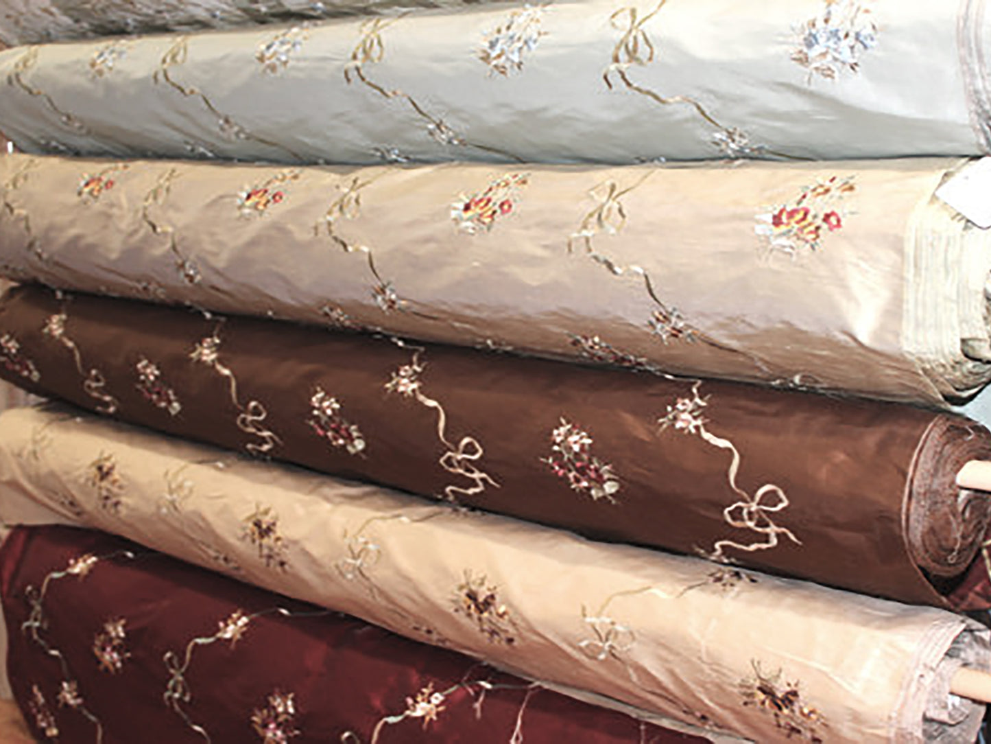 Ribbon Bouquet Collection - Embroidered Silk Dupioni - Chocolate - 3.5 Yard Remnant