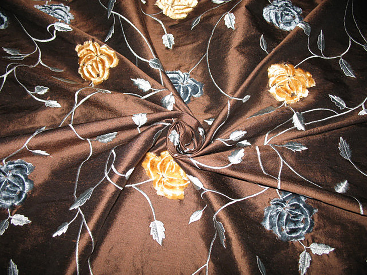 Roses in May Collection - Velvet Embroidered Silk Dupioni - Chocolate
