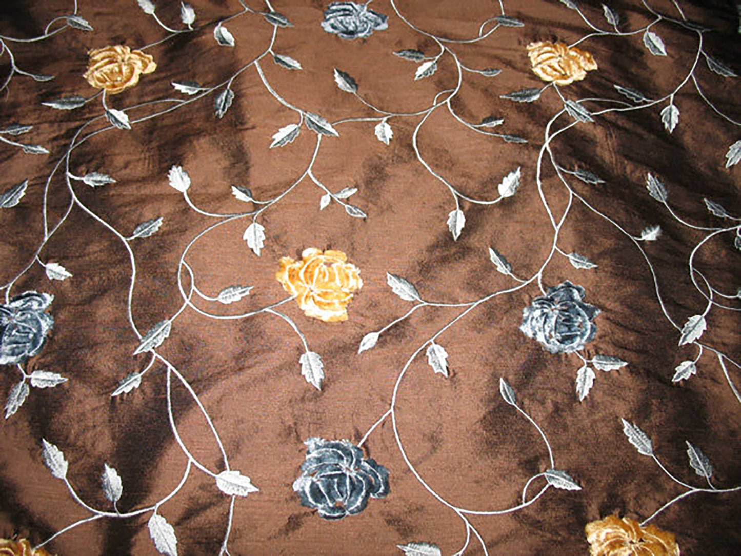 Swatch - Roses in May Collection - Velvet Embroidered Silk Dupioni - Chocolate