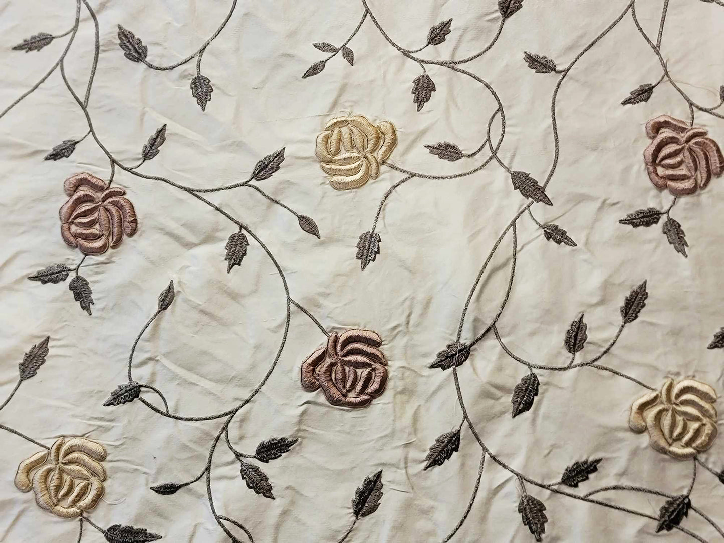 Roses in May Collection - Velvet Embroidered Silk Dupioni - Oyster - 2 Yard Remnant