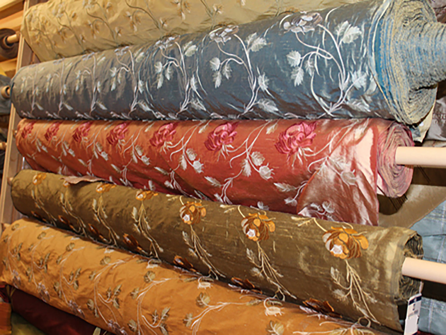 Run for the Roses Collection - Embroidered Silk Dupioni - Blue - 3 Yard Remnant