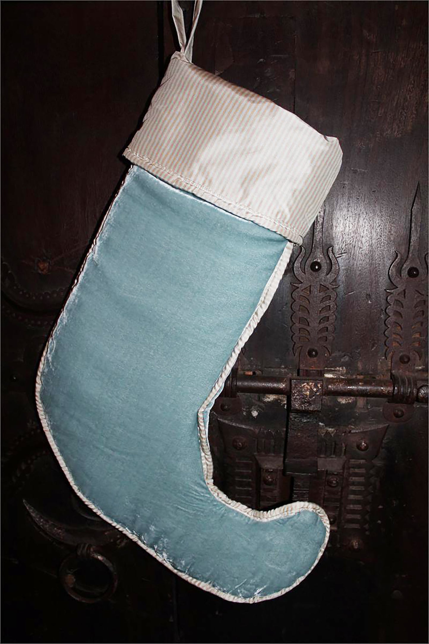 Silk Velvet Stocking - Ice Blue Lined in Striped Silk Taffeta
