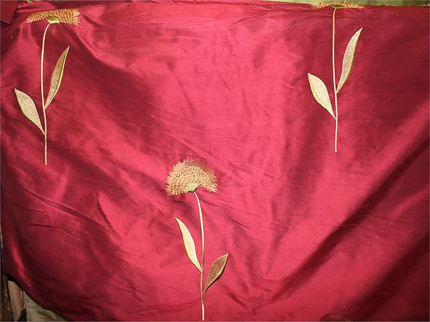 Swatch - Sunflowers Collection - Velvet Embroidered Silk Dupioni - Garnet