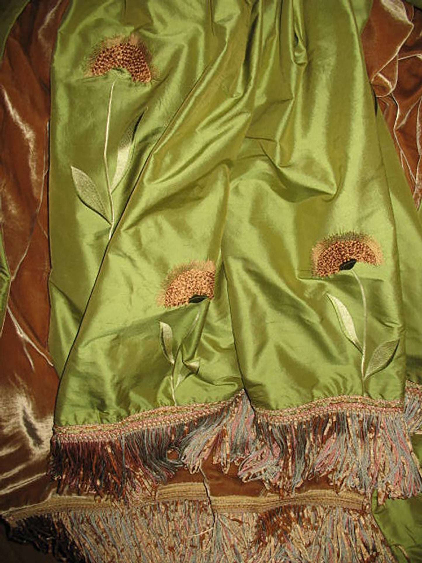 Sunflowers Collection - Velvet Embroidered Silk Dupioni - Green 3.75 Yard Remnant