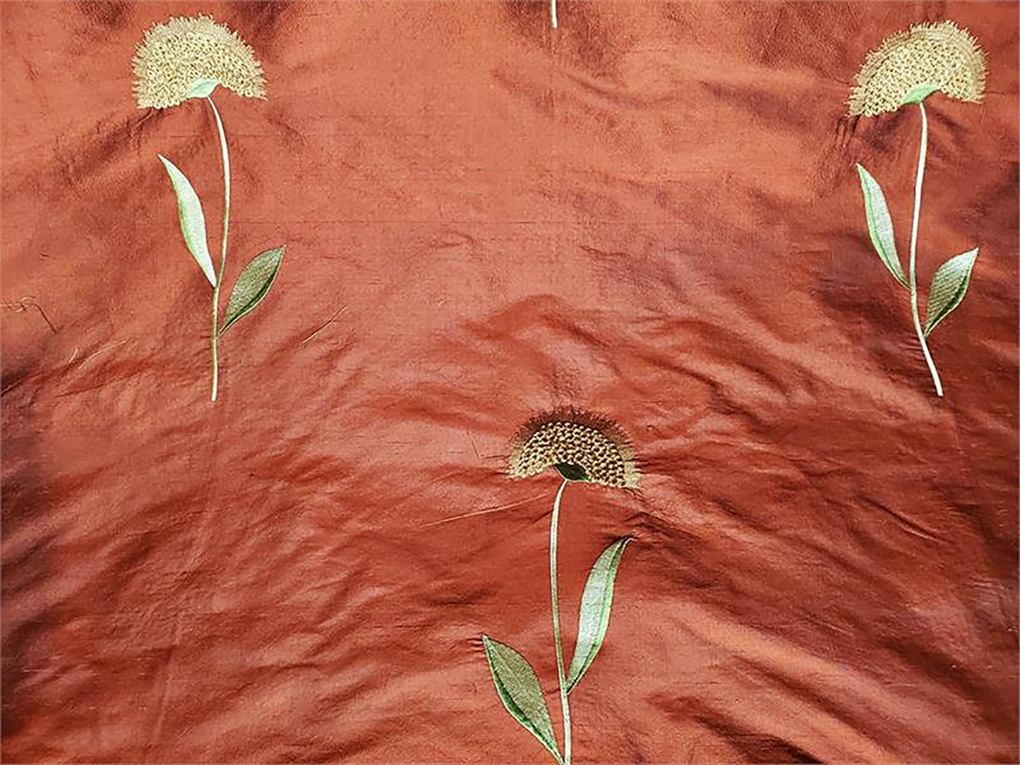 Sunflowers Collection - Velvet Embroidered Silk Dupioni - Rust - 1.75 Yard Remnant