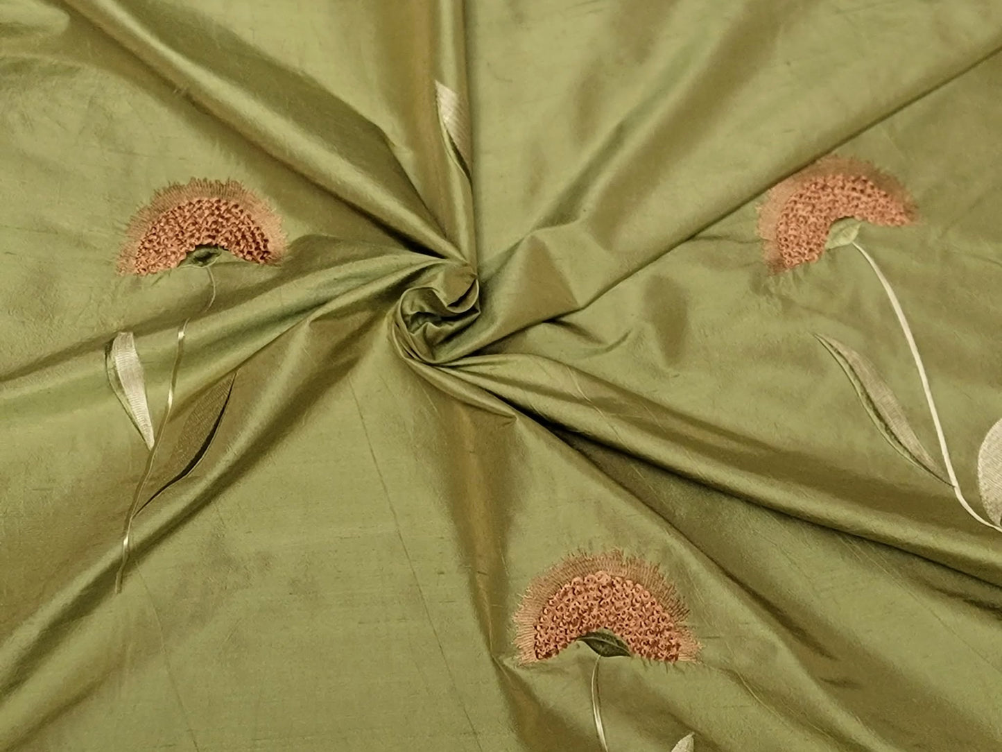 Sunflowers Collection - Velvet Embroidered Silk Dupioni - Green