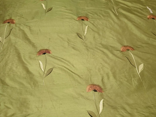 Swatch - Sunflowers Collection - Velvet Embroidered Silk Dupioni - Green
