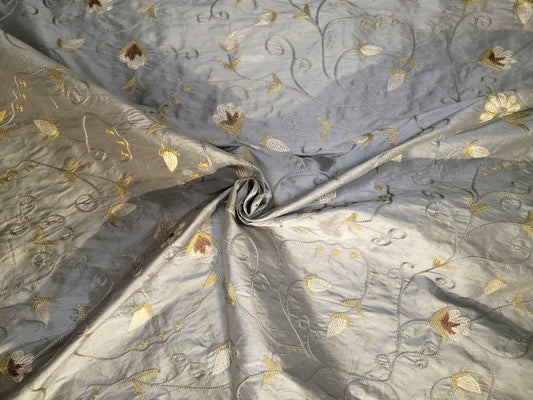 Fiore Collection - Embroidered Silk Dupioni - Blue - 2 Yard Remnant