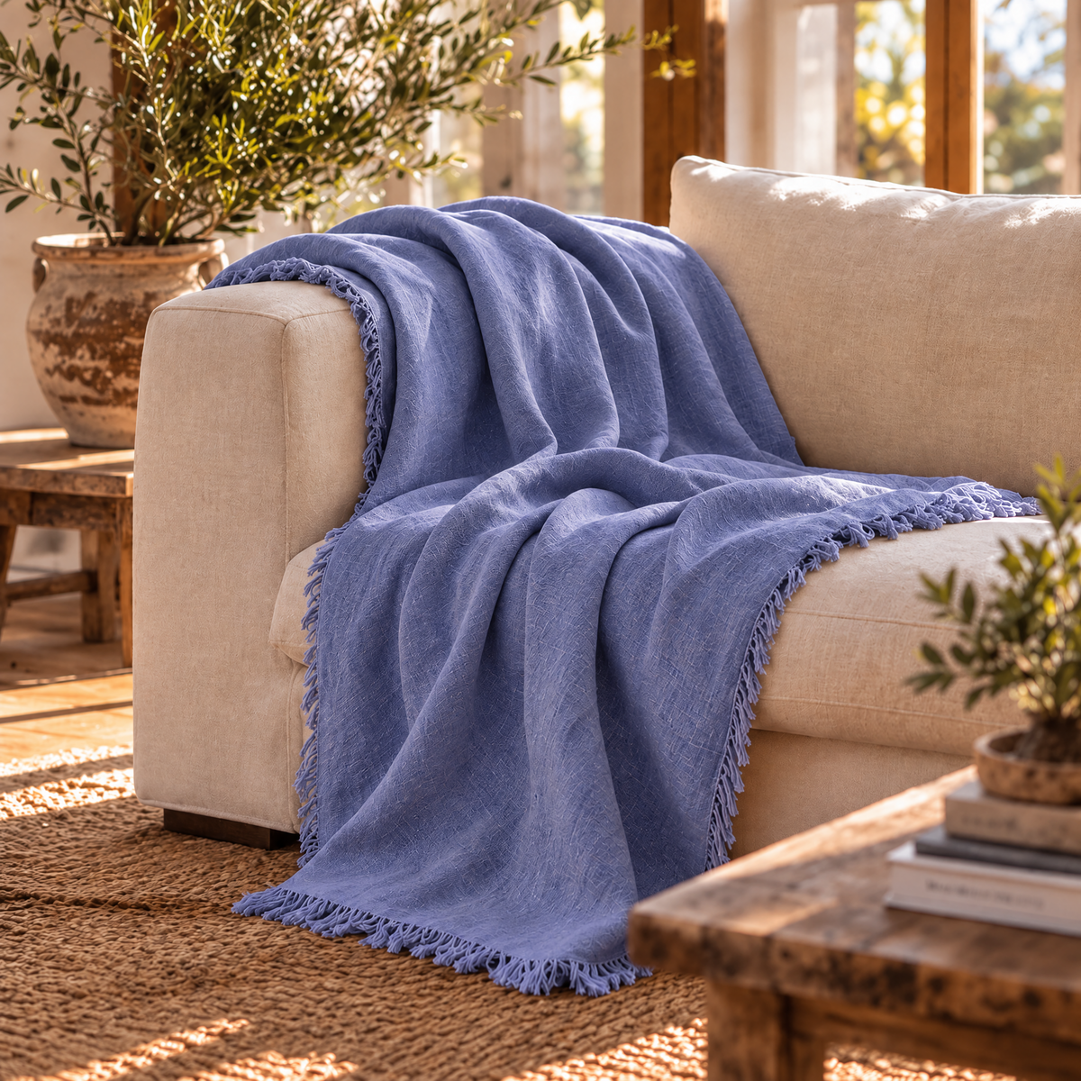 Handmade Linen Throw - Periwinkle