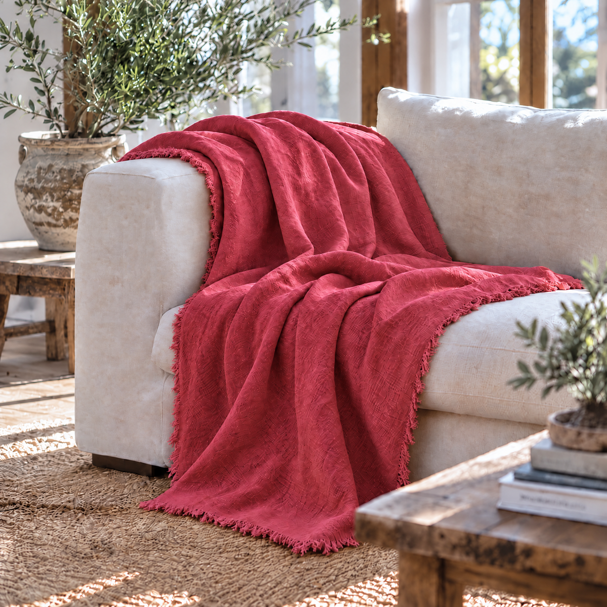 Handmade Linen Throw - Scarlet