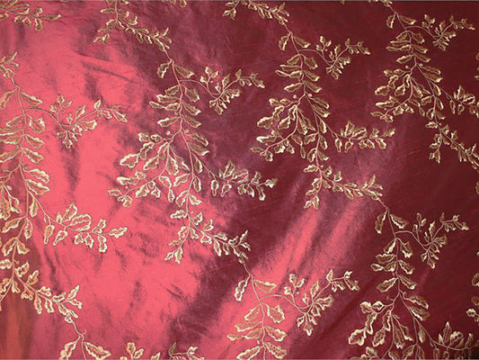 Hollywood and Vine - Embroidered Silk Dupioni - Garnet