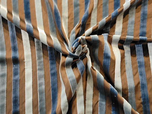 Malmore Collection - Velvet Striped Silk Taffeta - Chocolate & Blue - 3.5 Yard Remnant