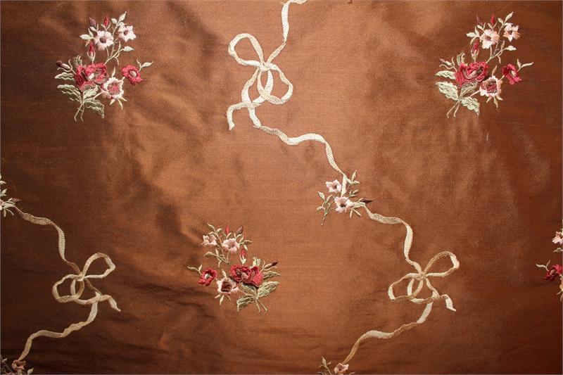 Ribbon Bouquet Collection - Embroidered Silk Dupioni - Chocolate - 3.5 Yard Remnant