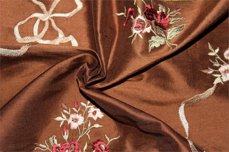 Ribbon Bouquet Collection - Embroidered Silk Dupioni - Chocolate - 3.5 Yard Remnant