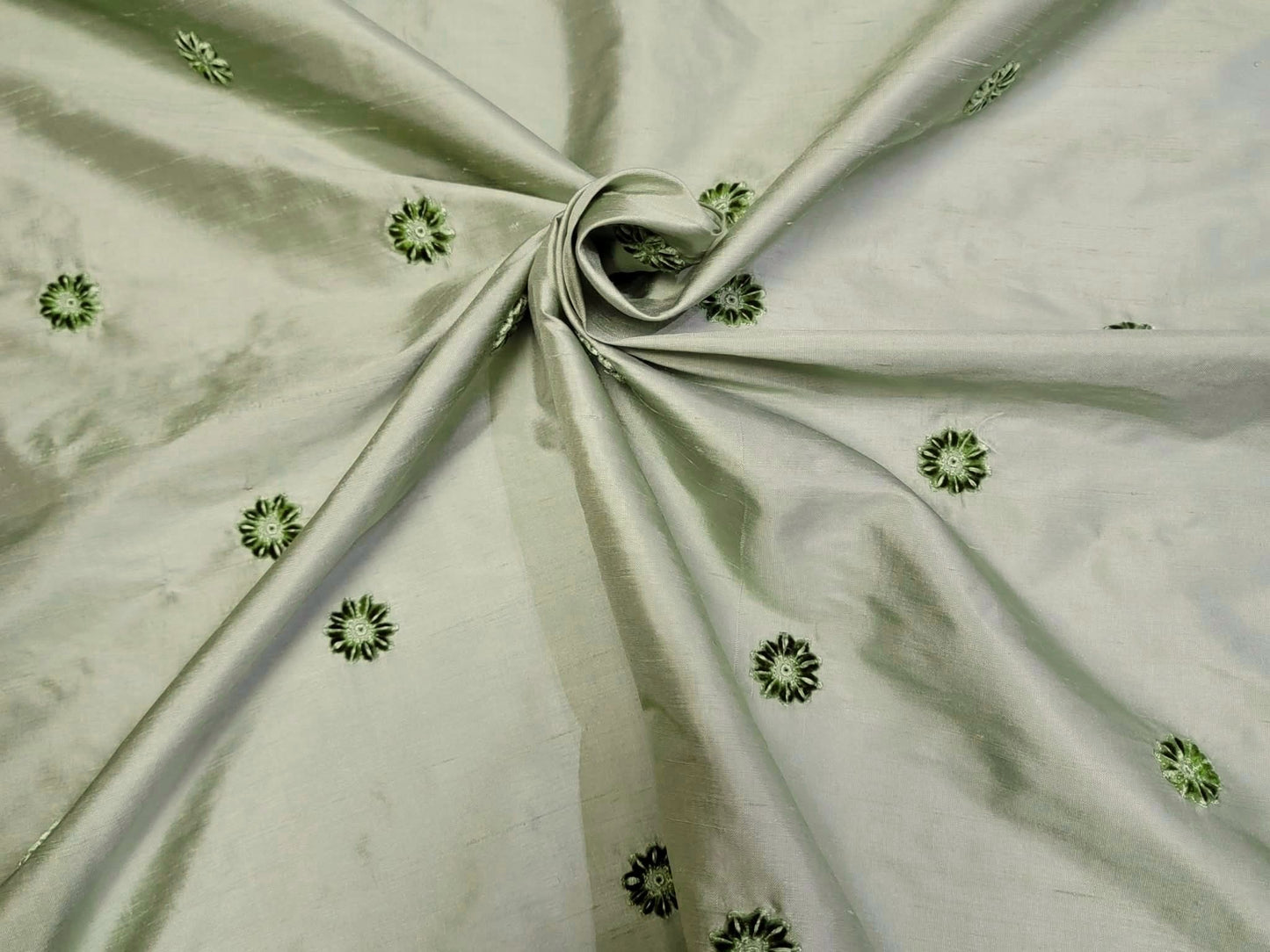 Blossom Collection - Velvet Embroidered Silk Dupioni - Sage - 5 Yard Remnant