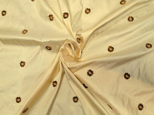Blossom Collection - Velvet Embroidered Silk Dupioni - Soft Yellow - 5 Yard Remnant