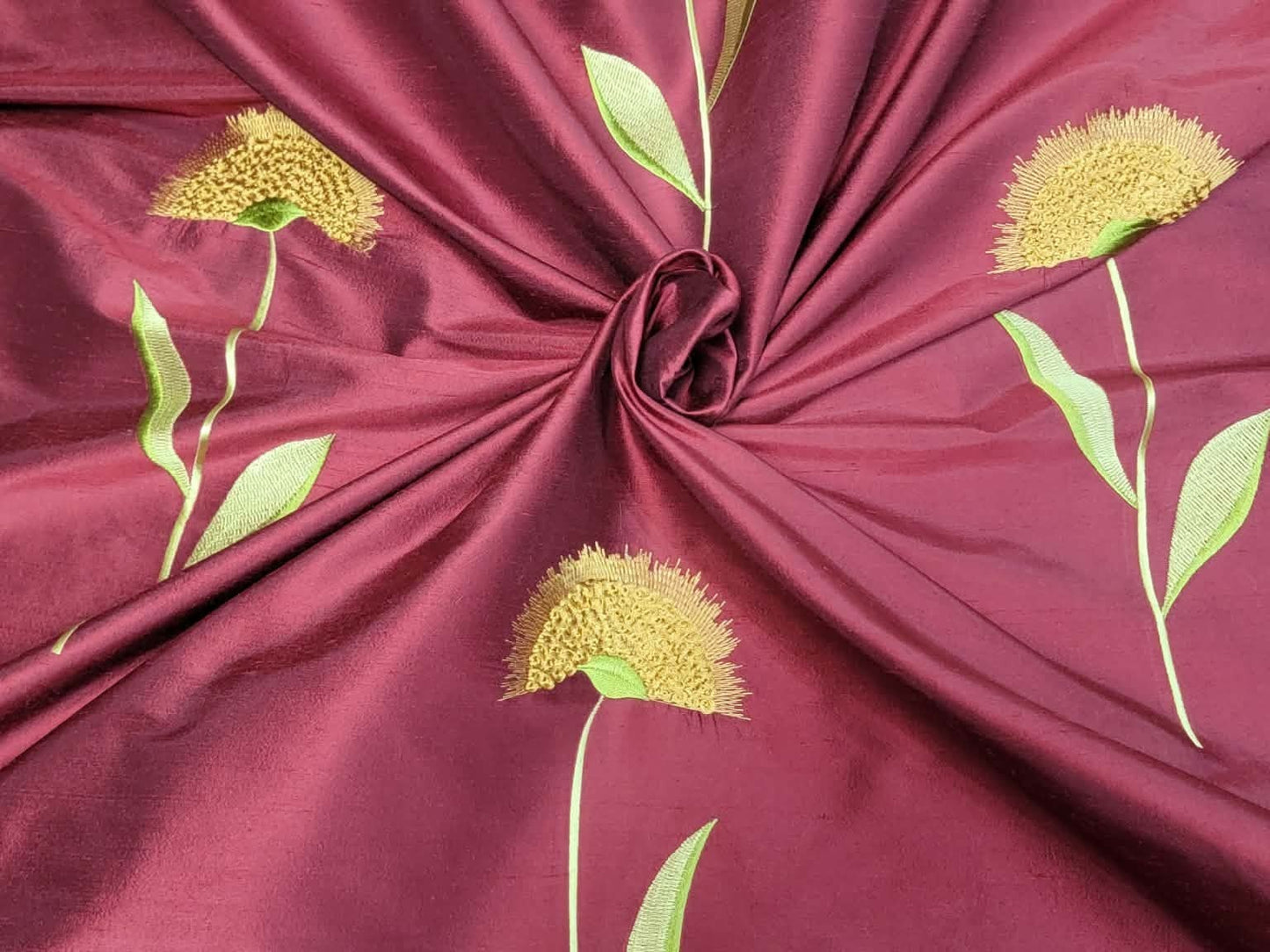 Sunflowers Collection - Velvet Embroidered Silk Dupioni - Garnet